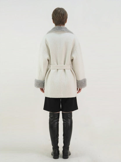 YS1 Wool Coat - 70% Wool, Furry Collar, Belted, Single-Breasted, Pocketed | Hojumbo