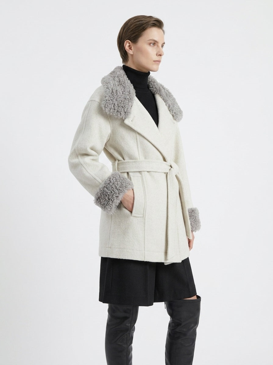 YS1 Wool Coat - 70% Wool, Furry Collar, Belted, Single-Breasted, Pocketed | Hojumbo