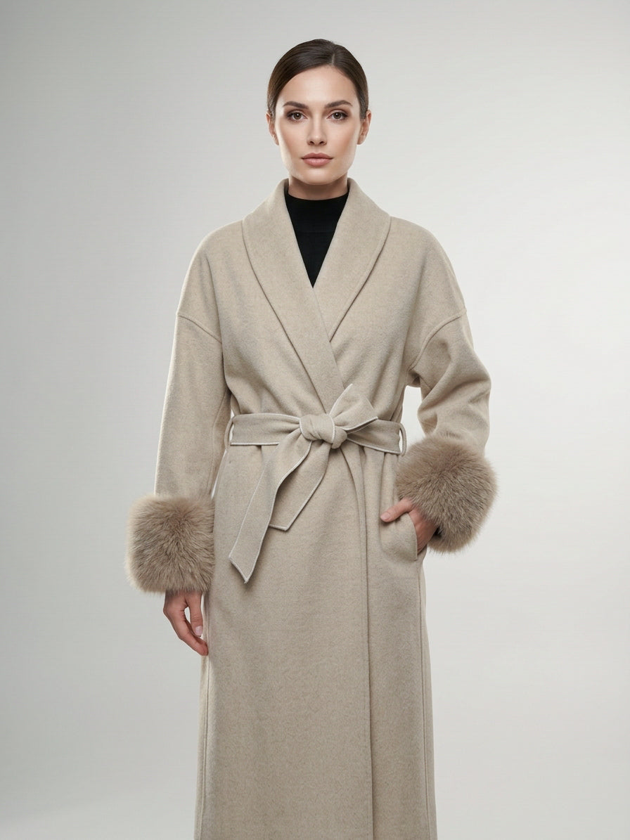 GBR390 Coat - Fur Trim, Belted, Lapel Collar, Long Length | Hojumbo