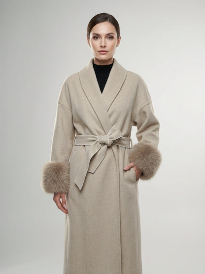 GBR390 Coat - Fur Trim, Belted, Lapel Collar, Long Length | Hojumbo