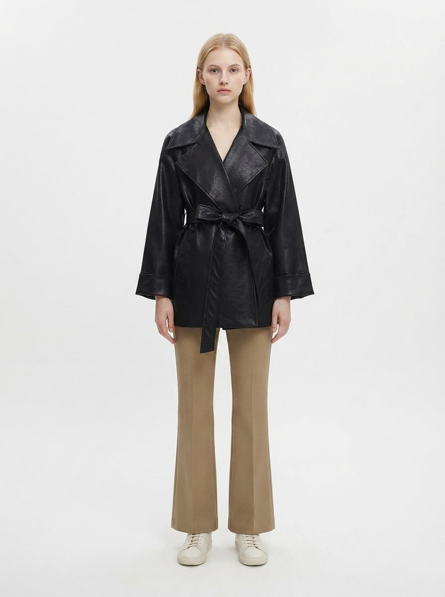 8178 PU Leather Blend Mid-Length Coat | Lapel Collar Design | Women's Elegant Trench Coat, Vintage Style Outerwear