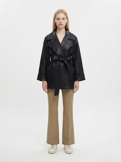 8178 PU Leather Blend Mid-Length Coat | Lapel Collar Design | Women's Elegant Trench Coat, Vintage Style Outerwear