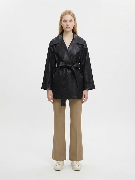 8178 PU Leather Blend Mid-Length Coat | Lapel Collar Design | Women's Elegant Trench Coat, Vintage Style Outerwear