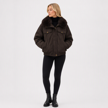 8068 Puffer Jacket - Faux Fur Collar, Suede, Zipper, Warm | Hojumbo