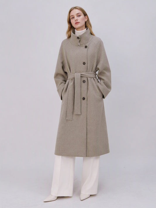 Women's 40% Wool Long Coat - High Collar, Belted | MN003 | Hojumbo