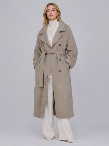 Women's 40% Wool Long Coat - High Collar, Belted | MN003 | Hojumbo