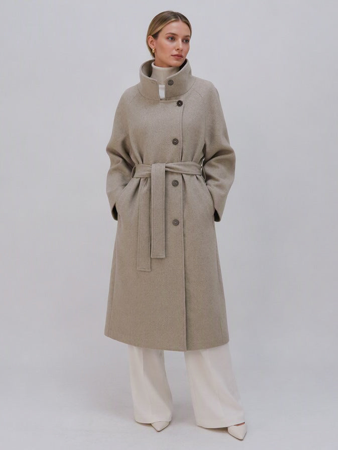 Women's 40% Wool Long Coat - High Collar, Belted | MN003 | Hojumbo
