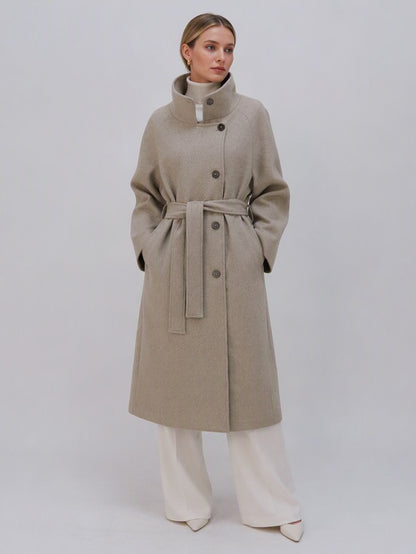 Women's 40% Wool Long Coat - High Collar, Belted | MN003 | Hojumbo