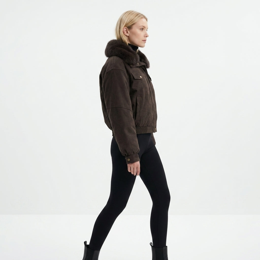 8068 Puffer Jacket - Faux Fur Collar, Suede, Zipper, Warm | Hojumbo