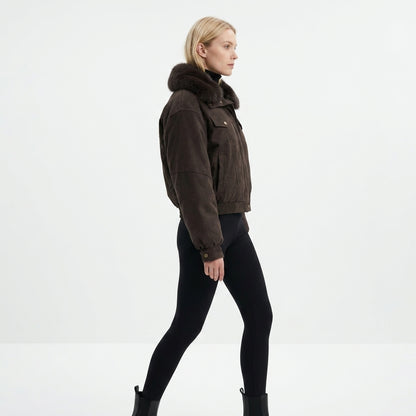 8068 Puffer Jacket - Faux Fur Collar, Suede, Zipper, Warm | Hojumbo