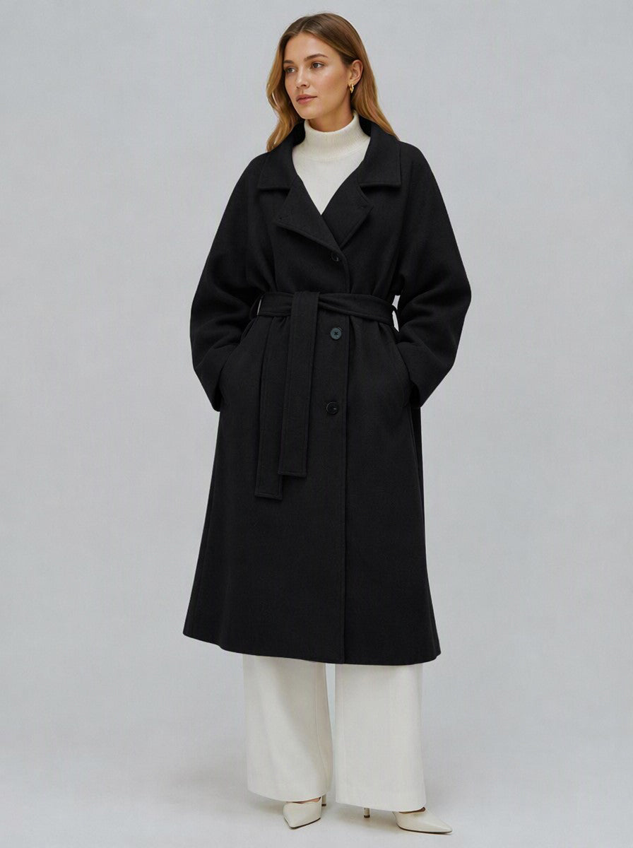 Women's 40% Wool Long Coat - High Collar, Belted | MN003 | Hojumbo