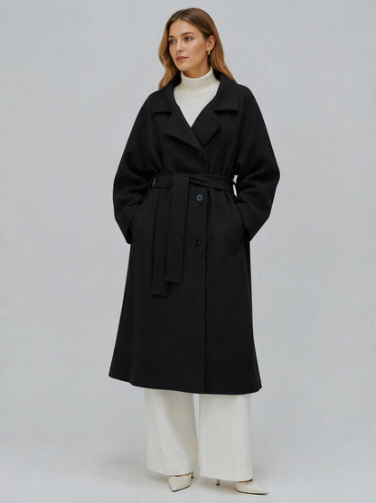 Women's 40% Wool Long Coat - High Collar, Belted | MN003 | Hojumbo