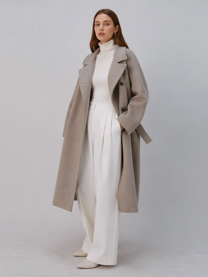 Women's 40% Wool Long Coat - High Collar, Belted | MN003 | Hojumbo