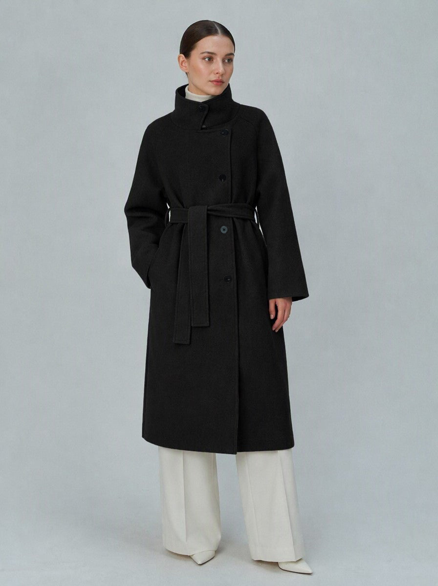 Women's 40% Wool Long Coat - High Collar, Belted | MN003 | Hojumbo
