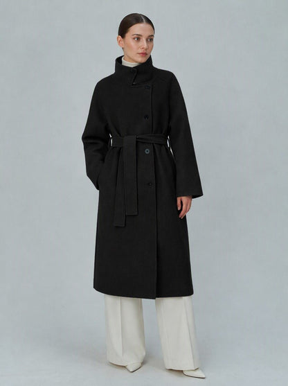 Women's 40% Wool Long Coat - High Collar, Belted | MN003 | Hojumbo