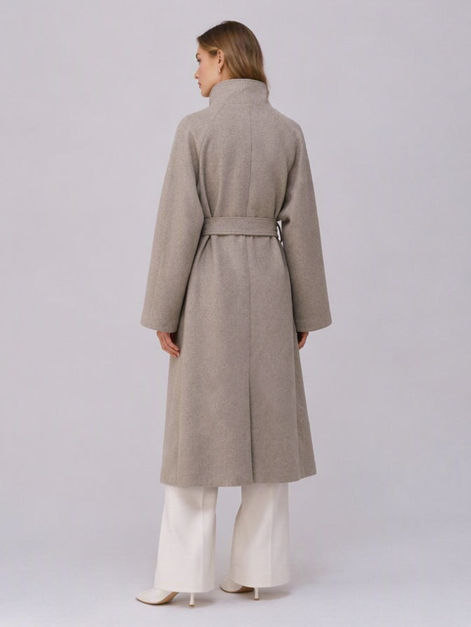Women's 40% Wool Long Coat - High Collar, Belted | MN003 | Hojumbo
