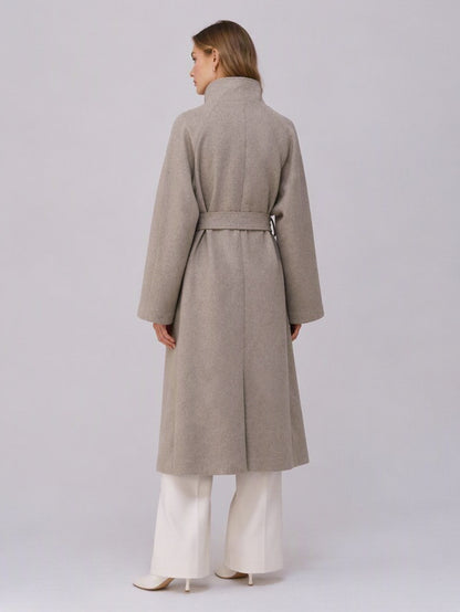 Women's 40% Wool Long Coat - High Collar, Belted | MN003 | Hojumbo