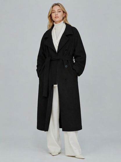Women's 40% Wool Long Coat - High Collar, Belted | MN003 | Hojumbo