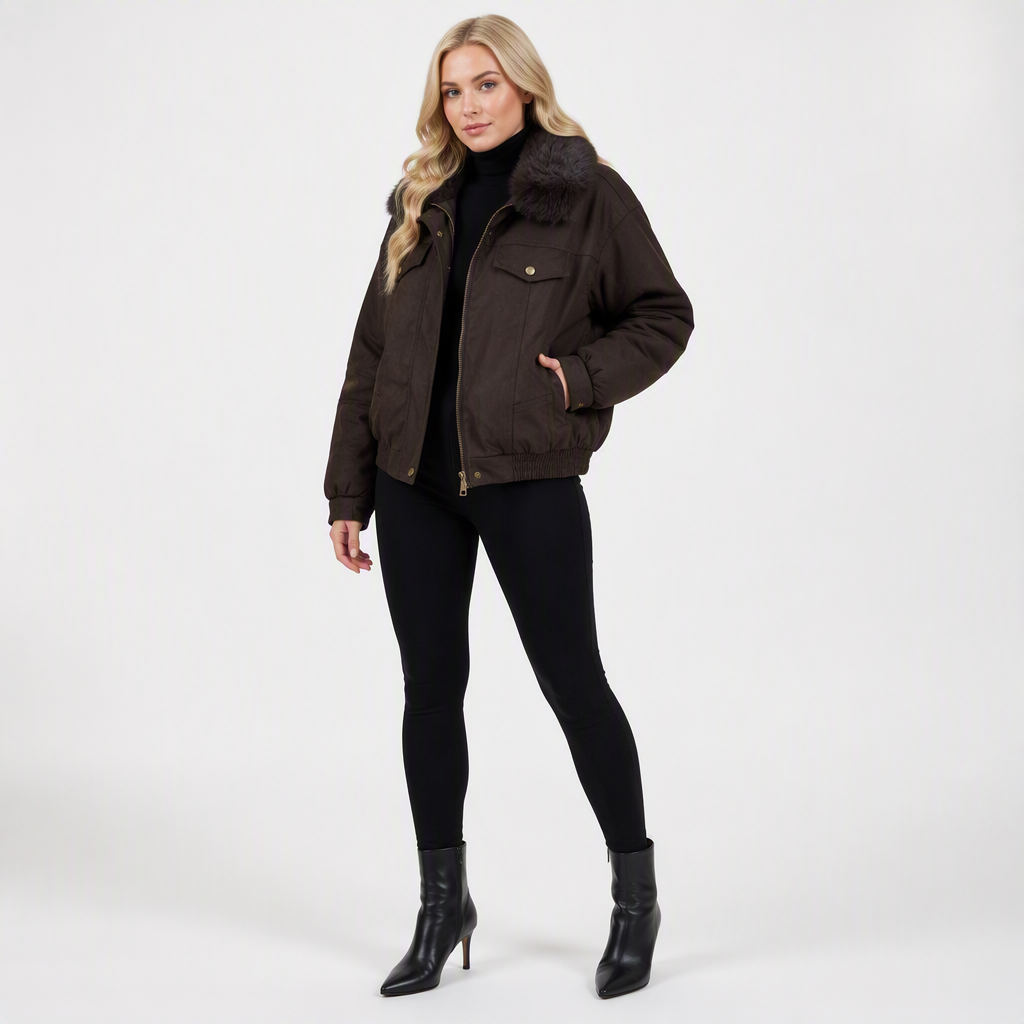 8068 Puffer Jacket - Faux Fur Collar, Suede, Zipper, Warm | Hojumbo