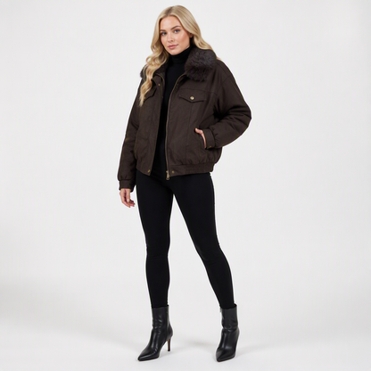 8068 Puffer Jacket - Faux Fur Collar, Suede, Zipper, Warm | Hojumbo