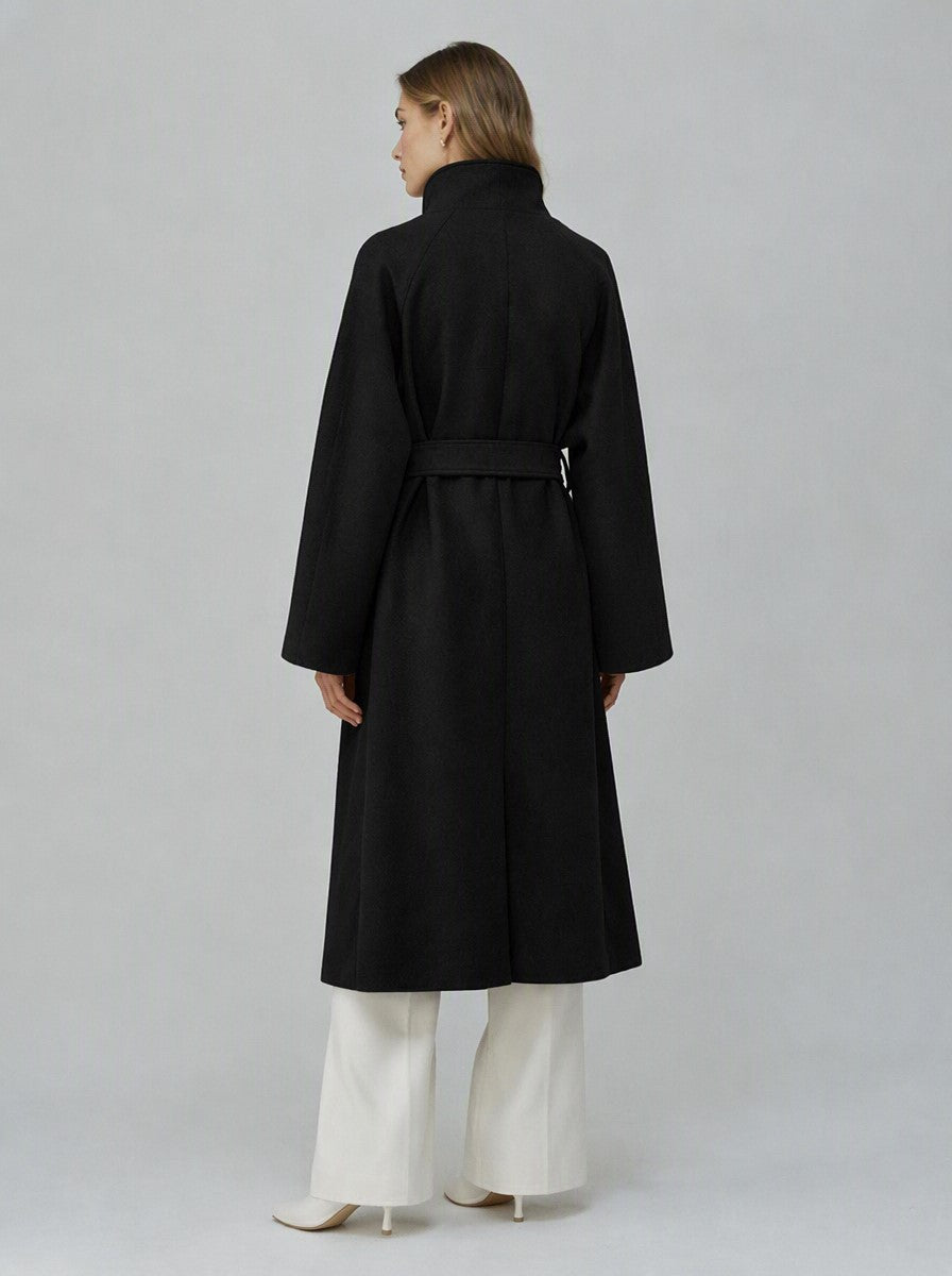 Women's 40% Wool Long Coat - High Collar, Belted | MN003 | Hojumbo