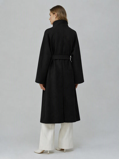 Women's 40% Wool Long Coat - High Collar, Belted | MN003 | Hojumbo