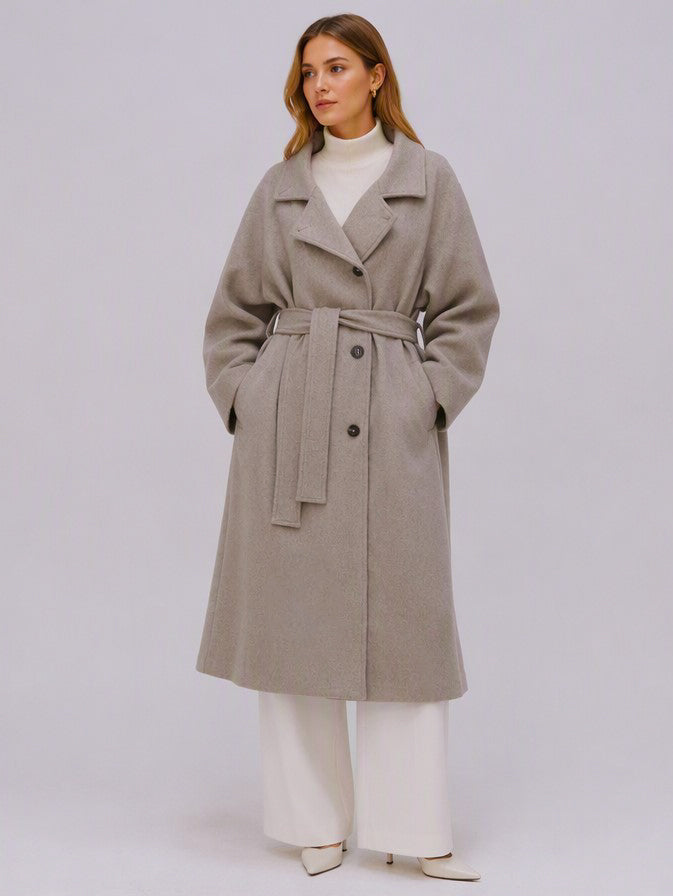 Women's 40% Wool Long Coat - High Collar, Belted | MN003 | Hojumbo