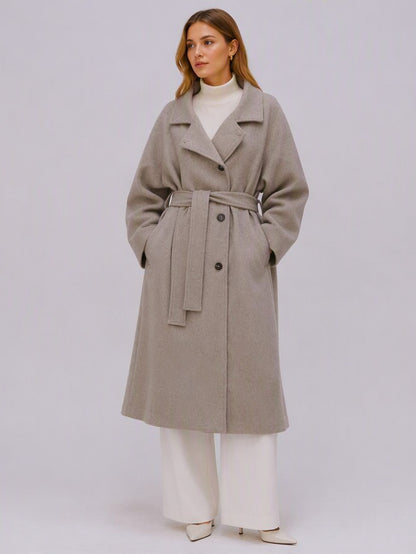Women's 40% Wool Long Coat - High Collar, Belted | MN003 | Hojumbo