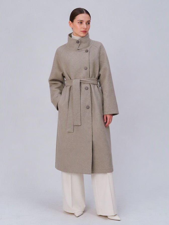 Women's 40% Wool Long Coat - High Collar, Belted | MN003 | Hojumbo