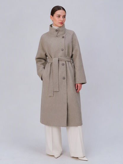 Women's 40% Wool Long Coat - High Collar, Belted | MN003 | Hojumbo