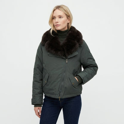1076 Puffer Jacket - Faux Fur Collar, Zipper, Warm | Hojumbo