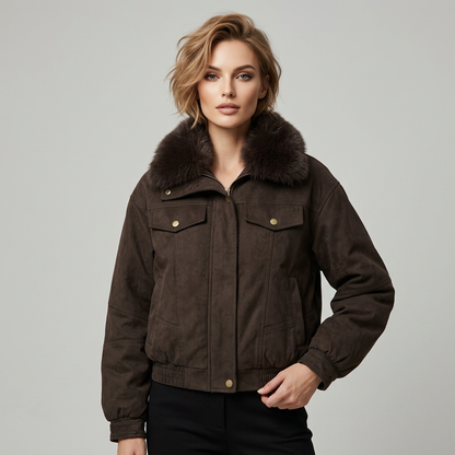 8068 Puffer Jacket - Faux Fur Collar, Suede, Zipper, Warm | Hojumbo
