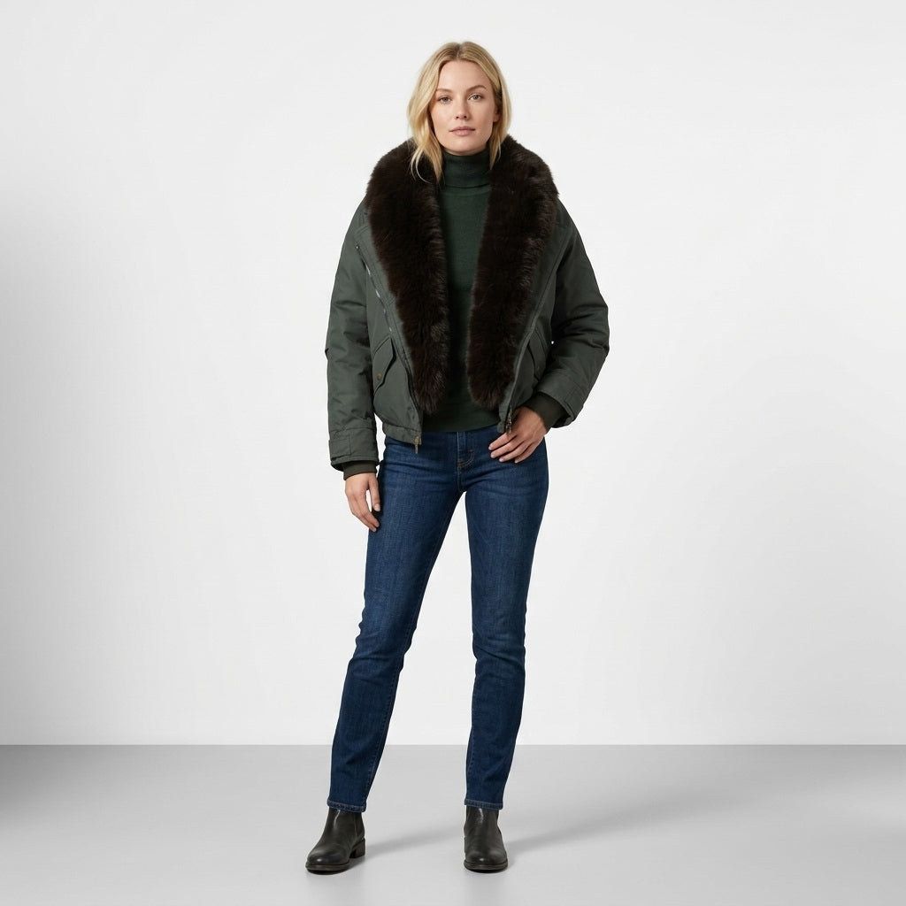 1076 Puffer Jacket - Faux Fur Collar, Zipper, Warm | Hojumbo