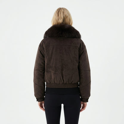 8068 Puffer Jacket - Faux Fur Collar, Suede, Zipper, Warm | Hojumbo