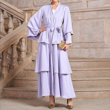 Middle Eastern Muslim women's Maxi dress robes satin triple hem crystal abaya cardigan Towel set MSL253