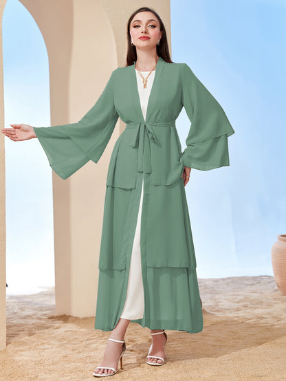 Ramadan kebaya Layered Open Front Abaya, Long Sleeve Dress With Belted , Without Hijab, Women's Clothing MSL1