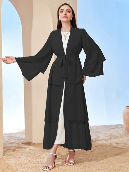 Ramadan kebaya Layered Open Front Abaya, Long Sleeve Dress With Belted , Without Hijab, Women's Clothing MSL1