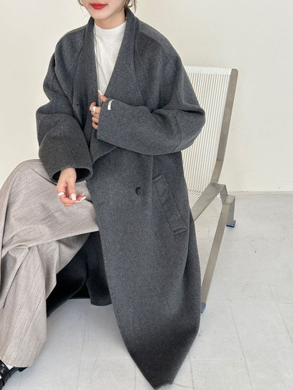 5016 Women's 70% Wool Coat, Double-breasted Buttons Loose-fitting, Winter Wool Coat with Pockets(no belt)