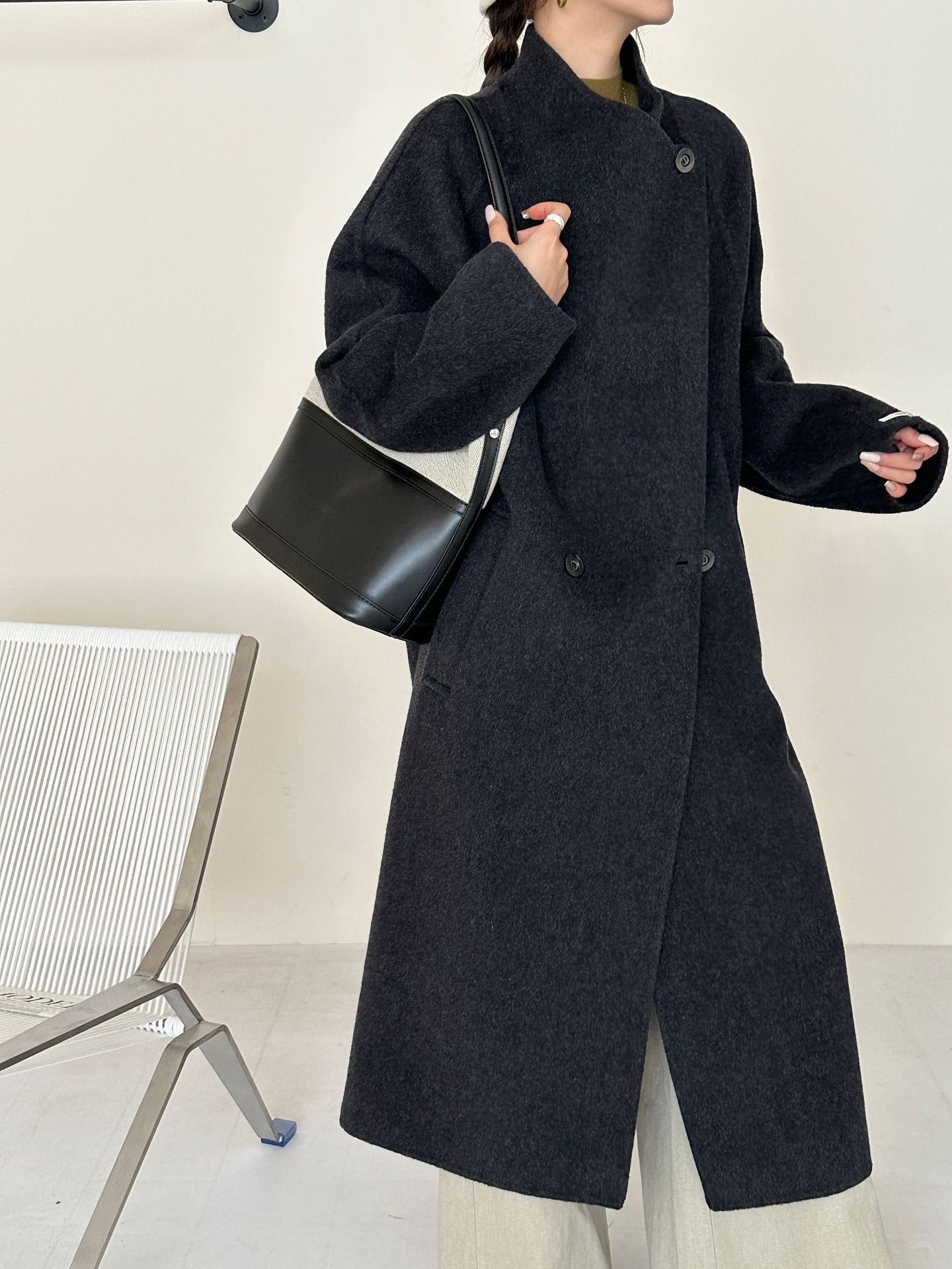 5016 Women's 70% Wool Coat, Double-breasted Buttons Loose-fitting, Winter Wool Coat with Pockets(no belt)