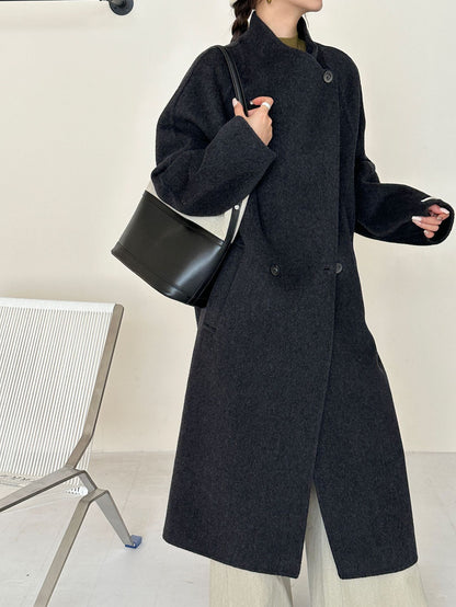 5016 Women's 70% Wool Coat, Double-breasted Buttons Loose-fitting, Winter Wool Coat with Pockets(no belt)