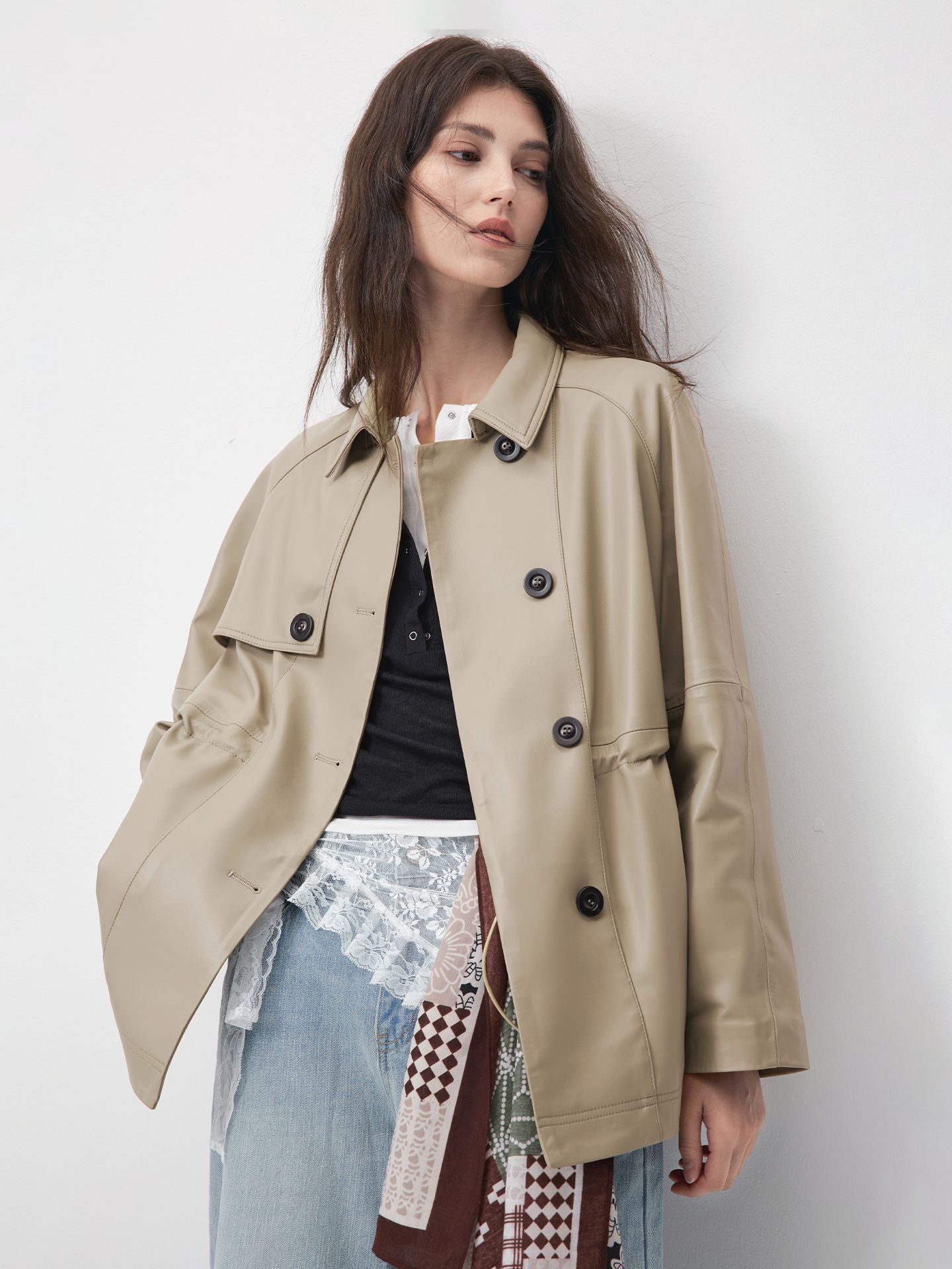 KSCK2453 Women's Spring-Autumn Leather Jacket with Drawstrings for Waist Adjustment and Loose Fit Leather Coat