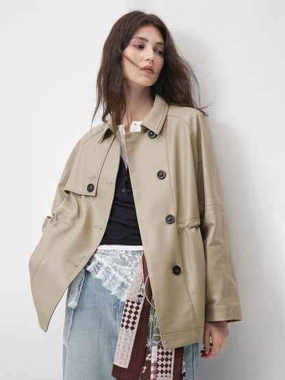 KSCK2453 Women's Spring-Autumn Leather Jacket with Drawstrings for Waist Adjustment and Loose Fit Leather Coat