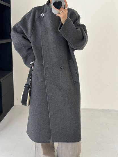 5016 Women's 70% Wool Coat, Double-breasted Buttons Loose-fitting, Winter Wool Coat with Pockets(no belt)