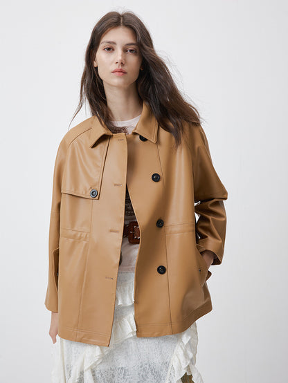 KSCK2453 Women's Spring-Autumn Leather Jacket with Drawstrings for Waist Adjustment and Loose Fit Leather Coat