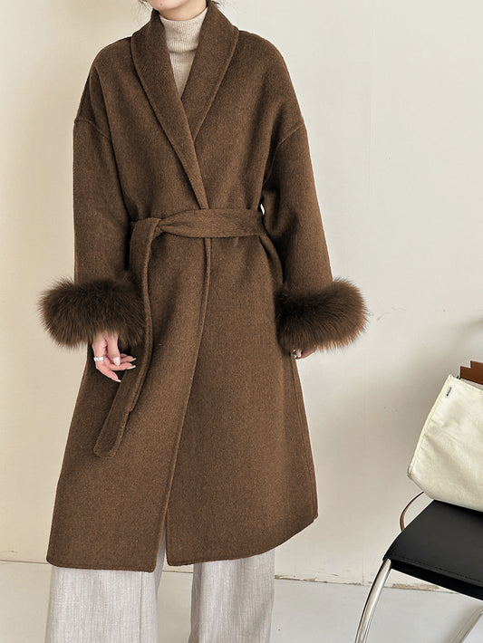 H5256 70% Wool Women's Loose Fit Double-Sided Wool Coat with Removable Fur Sleeve, Drop Shoulders, Extended Length, Belted Woolen Overcoat