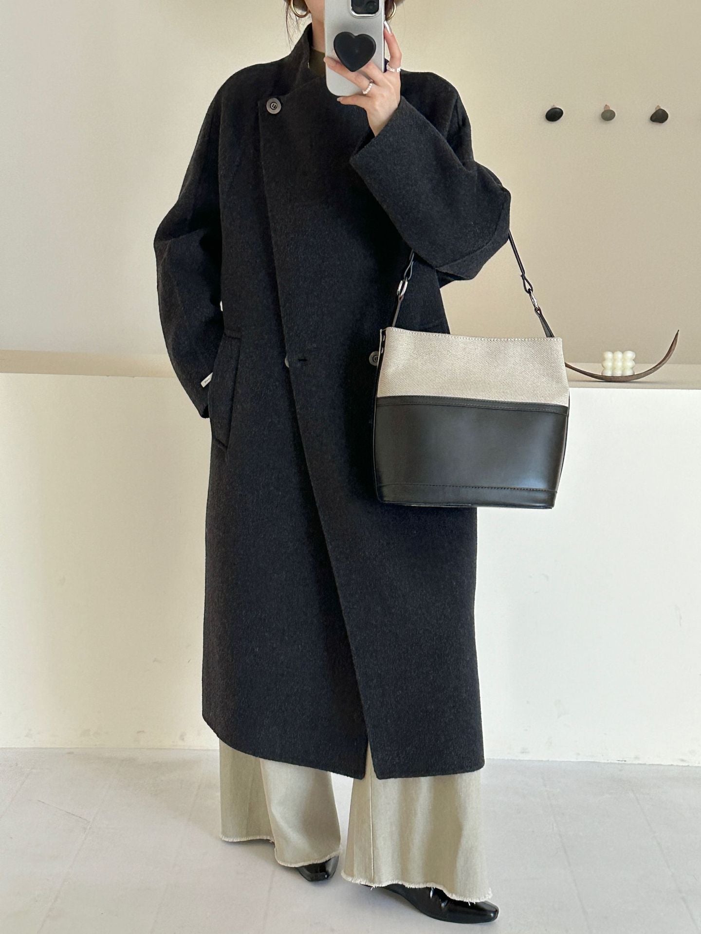 5016 Women's 70% Wool Coat, Double-breasted Buttons Loose-fitting, Winter Wool Coat with Pockets(no belt)