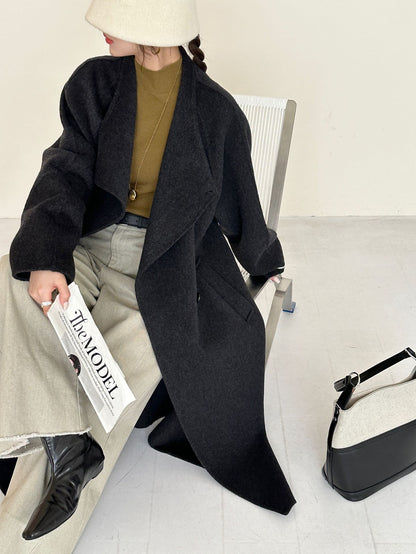 5016 Women's 70% Wool Coat, Double-breasted Buttons Loose-fitting, Winter Wool Coat with Pockets(no belt)