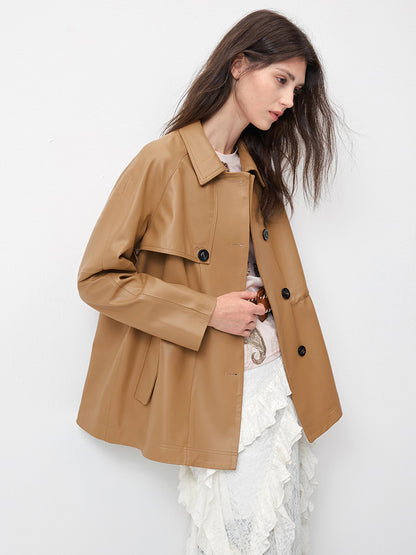 KSCK2453 Women's Spring-Autumn Leather Jacket with Drawstrings for Waist Adjustment and Loose Fit Leather Coat