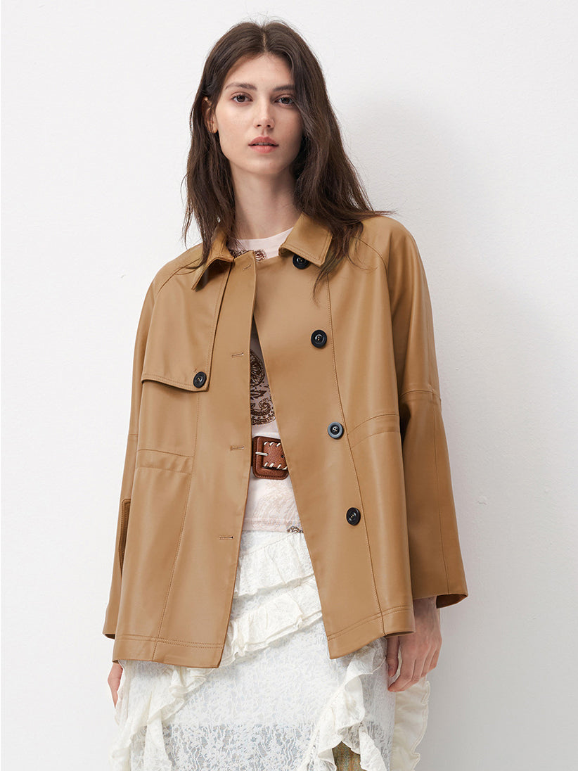 KSCK2453 Women's Spring-Autumn Leather Jacket with Drawstrings for Waist Adjustment and Loose Fit Leather Coat