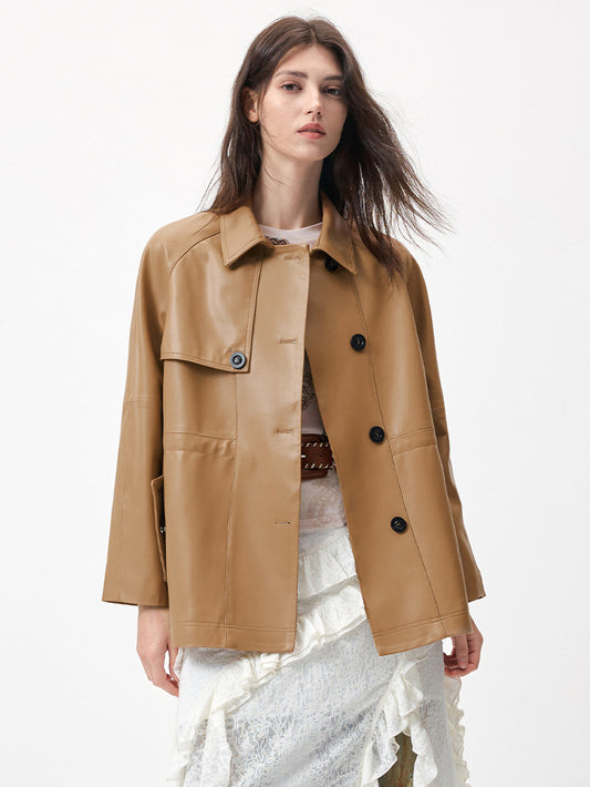 KSCK2453 Women's Spring-Autumn Leather Jacket with Drawstrings for Waist Adjustment and Loose Fit Leather Coat
